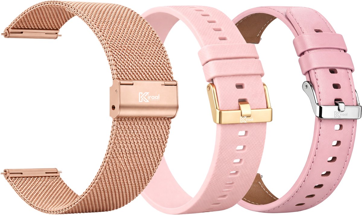 Kiraal - Luxe smartwatch bandjes combo set - 3-delig - 20mm - Leder, Milanees RVS & Siliconen - Roze/Goud