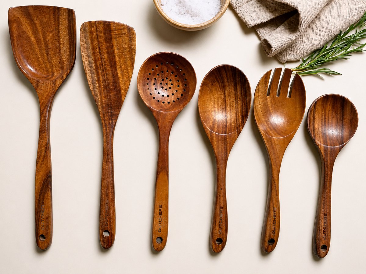Dutchers® 6-delige Houten Spatel set - Spatels - Keukenspatels - Keuken lepel - Kookgerei - Wokspatels - Pollepels - Opscheplepel - Keukenlepel - Kookgerei - Keukengerei - Geschenkset Vrouwen - Cadeau - Keukenaccessoires
