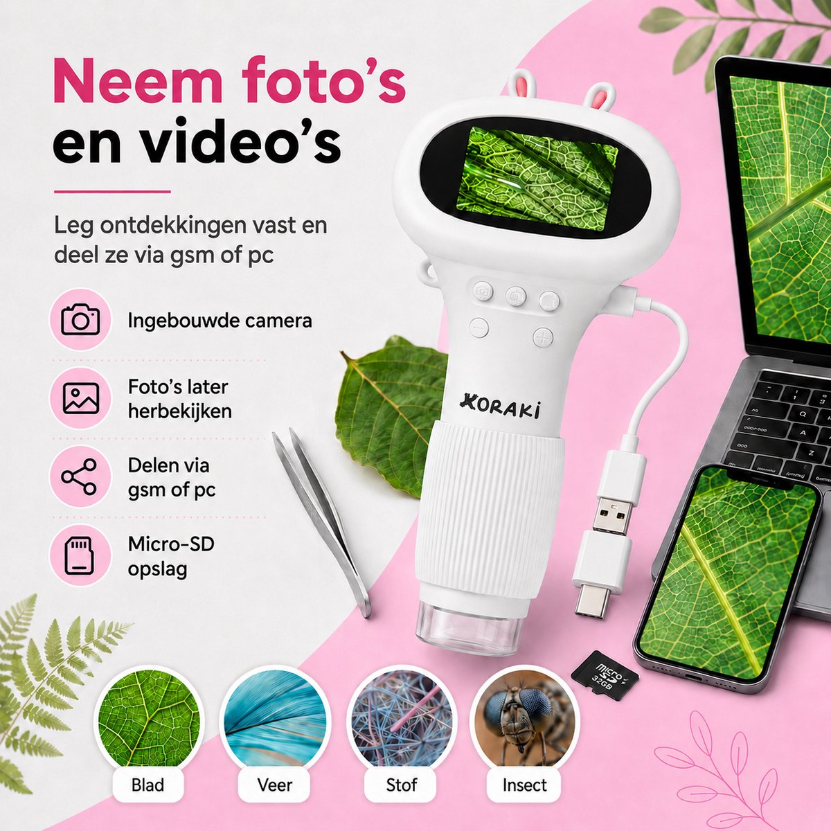Koraki® Microscoop voor Kinderen - Digitale Kindermicroscoop met LCD Scherm - Handmicroscoop met Camera - Microscoopset incl. Preparaten, Pincet, Micro-SD & USB - Draagbaar - Aansluiting Smartphone/PC - STEM Educatief Speelgoed 4-12 jaar — afbeelding 8
