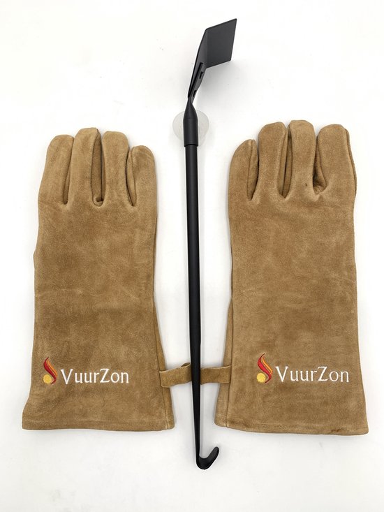 Bruine suède handschoenen met VuurZon logo en zwarte asgarder met haak