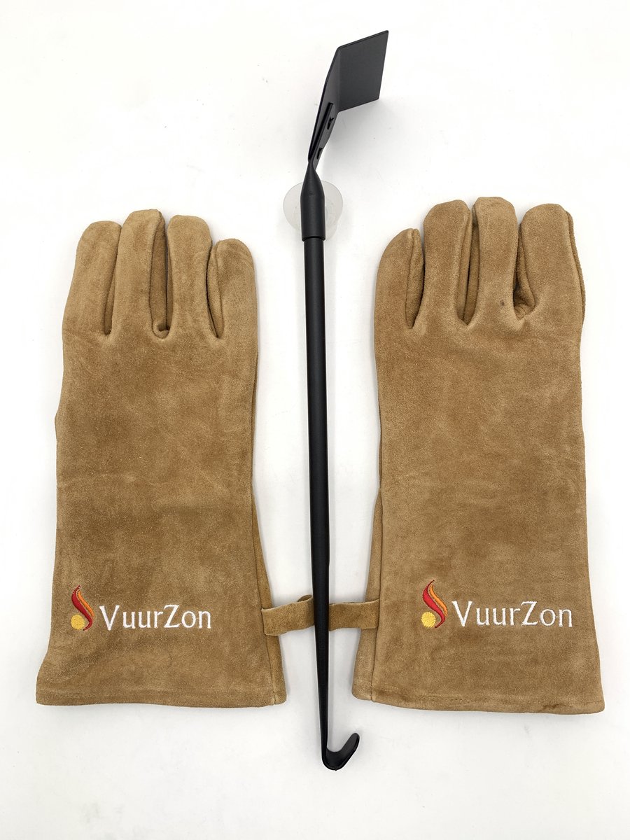 Hittebestendige handschoenen + Goldmann asschuiver – luxe haardset voor houtkachel & BBQ – suède leren handschoenen