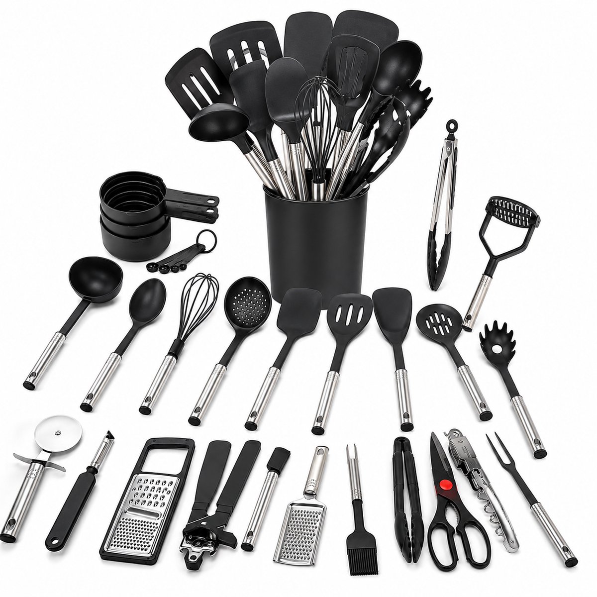 ITRONIQ 40-Delige Keukengerei Set - Complete Keukenhulp Set Met Spatels Gardes en Maatbekers - Voor Koken en Bakken - Zwart