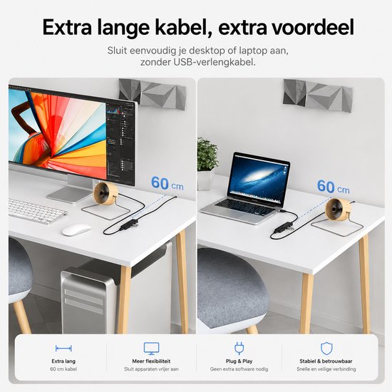 Hub USB Sounix noir avec câble de 60cm connecté à un ordinateur de bureau et un ordinateur portable, pour démontrer la portée.