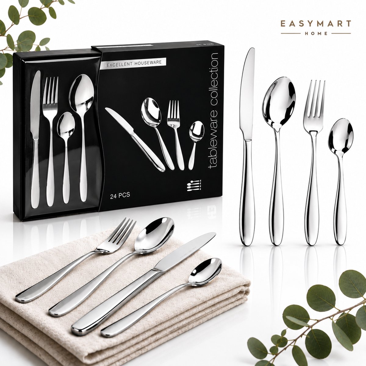 EasyMart Premium Bestekset 24-Delig voor 6 Personen – RVS Roestvrij Staal 18/0 – Luxe Tafelbestek Cadeauset – Spiegelgepolijst Zilver – Messen, Vorken, Lepels & Theelepels – Vaatwasserbestendig