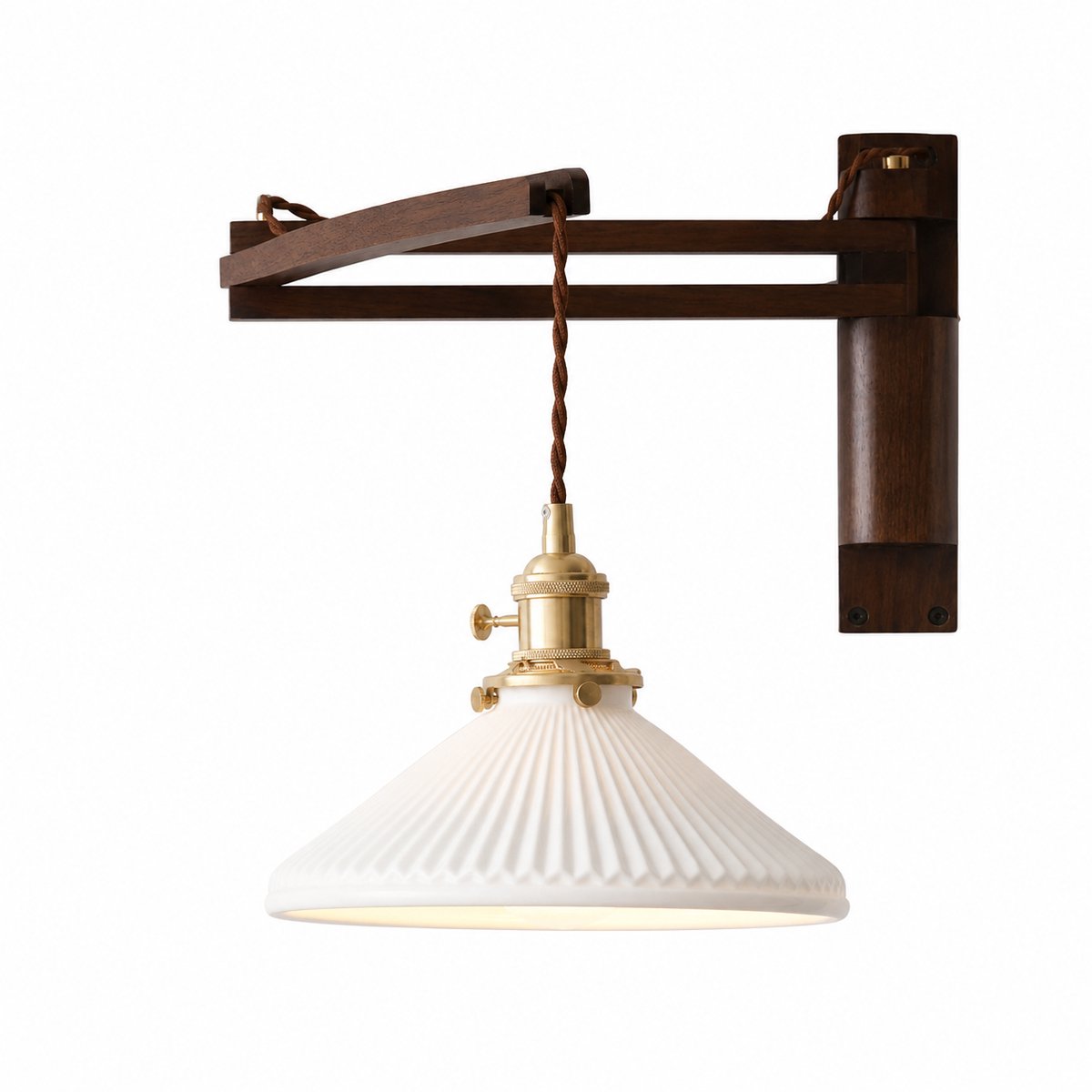 Pelor Retro Wandlamp - Japanse Stijl - Opvouwbaar - Walnootkleur - E27 - Slaapkamer - Woonkamer - Keramische Lampenkap - LED