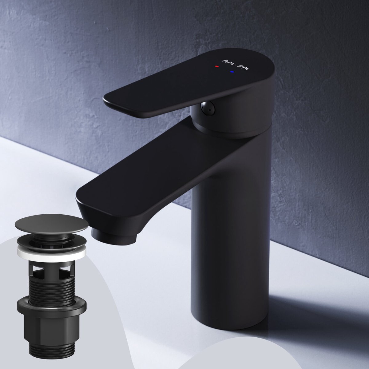 AM.PM Hit - Wastafelkraan met push-open waste set M-Size - Waterbesparend - Messing - Zwart