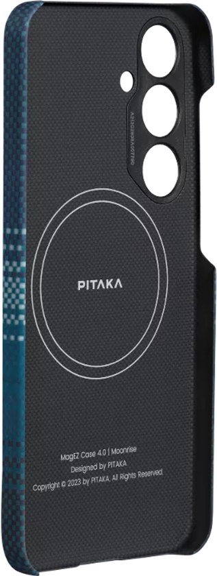 Zwart telefoonhoesje met blauw geruit patroon aan de zijkant, MagEZ Case 4, Moonrise, PITAKA logo.