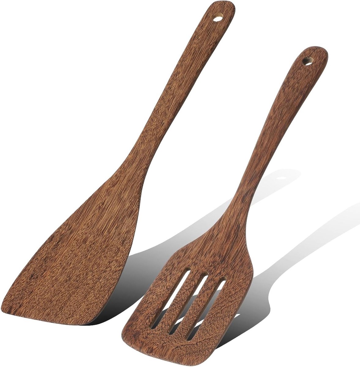 Set van 2 hittebestendige houten spatels en kooklepels met lange handgreep, antibacterieel en vaatwasmachinebestendig voor keuken en restaurantgebruik (33 - 8 cm)