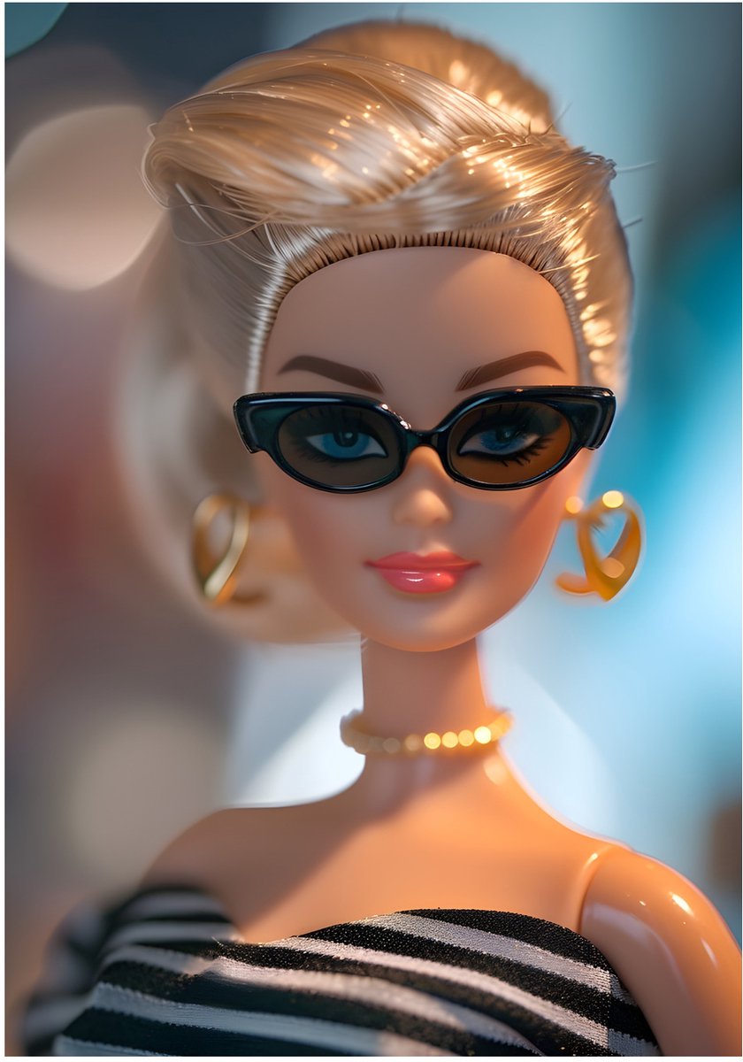 Barbie Bril Portret - Dibond Wanddecoratie - 70x100 cm - Premium Aluminium Wandprint - Galerij Kwaliteit Kunstdruk - Fashion Barbie