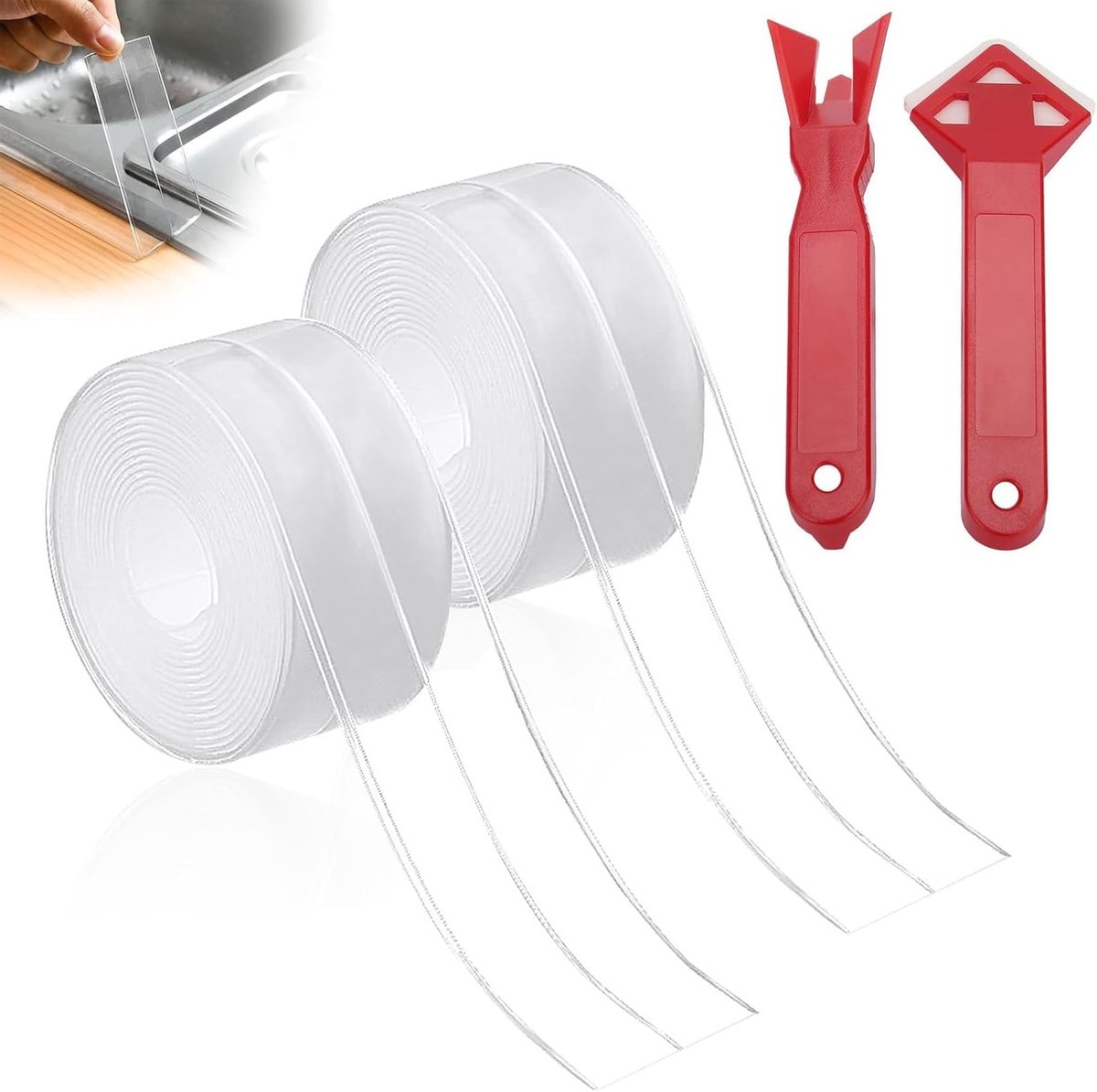 Waterdichte Zelfklevende Sealing Tape - 2 Rollen Transparante Plakband met 2 Kitgereedschappen voor Keuken, Badkamer en Vloeren, Ideaal voor Herstellen en Afwerken