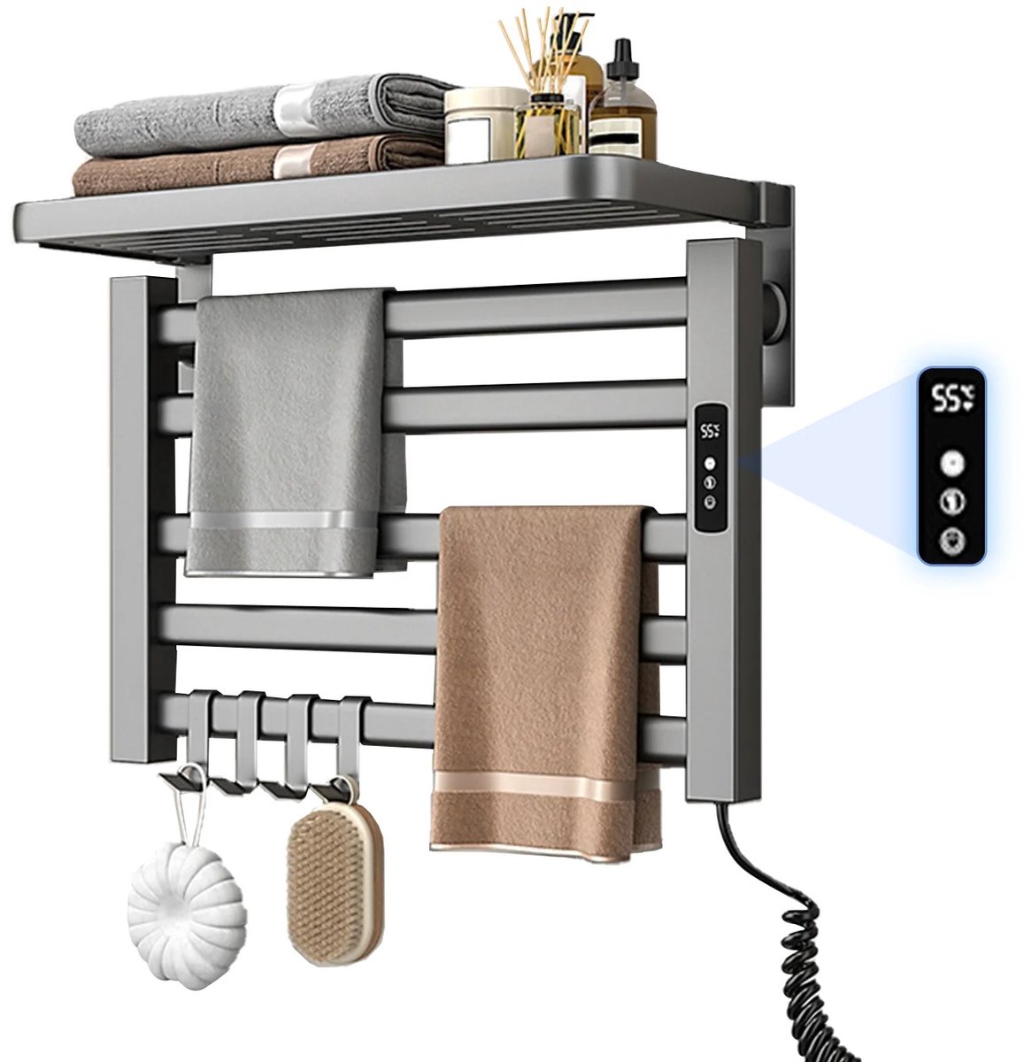 Slimme Elektrische Handdoekverwarmer van Koolstofvezel – Digitale Temperatuurregeling 30-70°C – 24-uurs Timer – Boorvrije Installatie – Aluminium Handdoekdroger voor Badkamer & Hotel