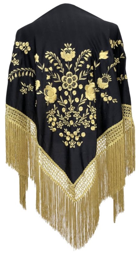 Châle noir avec broderie florale dorée, longues franges dorées et dentelle.