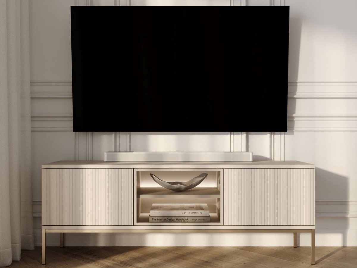 GrainGold – TV-Meubel Deo – Beige - Met Deuren en Ledverlichting - Moderne Opbergruimte - 154 cm