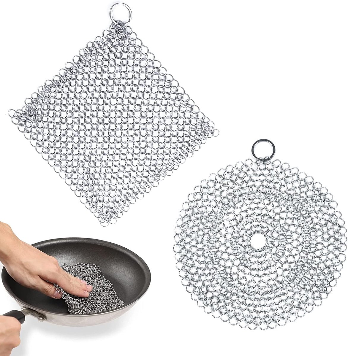 Gietijzer Reiniger Set – 2 Stuks – Chainmail Schrobber voor Dutch Oven, Grillpan & Wok – RVS Schoonmaaktools voor Gietijzer