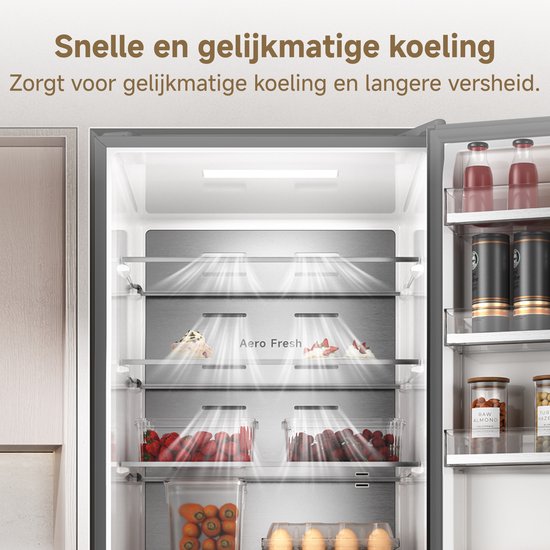Open koelkast met laden vol vers fruit en groenten, en drankjes op de deurrekken. De tekst "Snel en gelijkmatige koeling" staat bovenaan.
