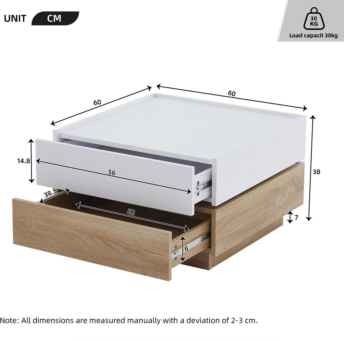 JOYNEXTBUY Salontafel - 2 Laden - Draaibaar blad - Vierkante salontafel - Ruimtebesparend - L60cm x B60cm x H38cm - Wit - Eiken