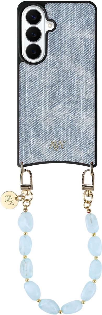 AVY Hoesje Geschikt voor Samsung Galaxy S26 Plus | Compatibel met MagSafe | Kunstleren Case met Telefoonkoord | Polsband | Denim | Rocher Blue