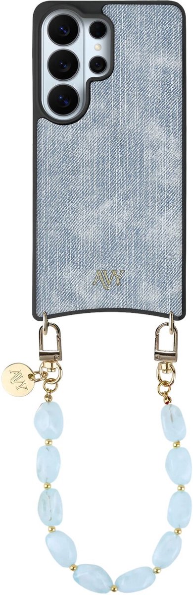 AVY Hoesje Geschikt voor Samsung Galaxy S26 Ultra | Compatibel met MagSafe | Kunstleren Case met Telefoonkoord | Polsband | Denim | Rocher Blue