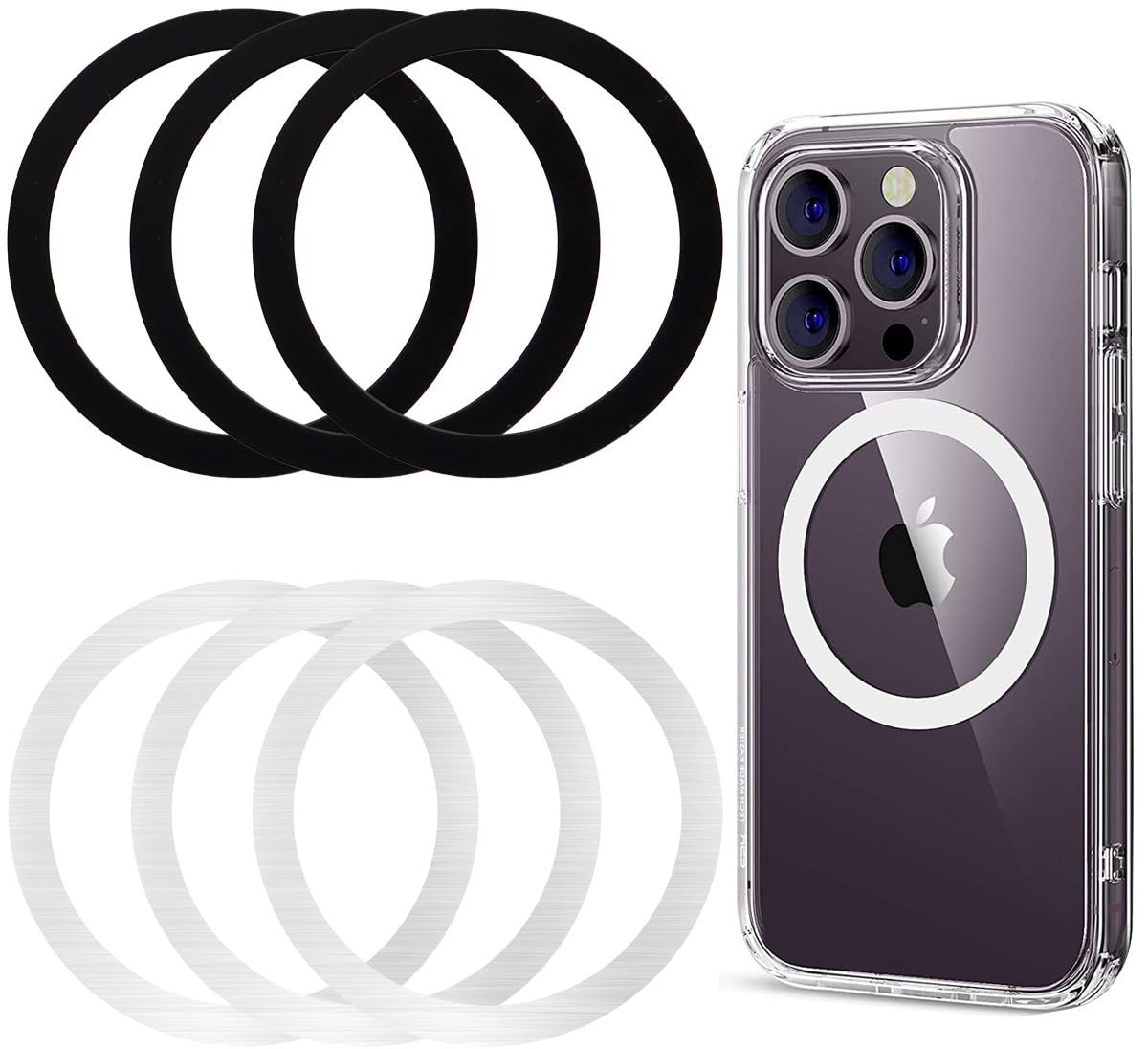 By shayne - 6 Stuks Telefoonstickers - Magnetische Opladerstickers - Roestvrij staal - Zwart en Zilver - Draadloze Oplader - Geschikt voor Mobiele Te.