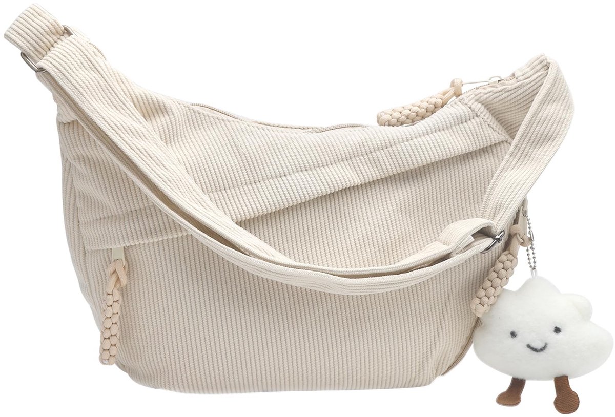 Vlemico - Crossbody Bag - Ruime Beige Tas van Corduroy - Stijlvol en Praktisch voor Dames - Ideaal voor Dagelijks Gebruik - Comfortabele Schouderta...