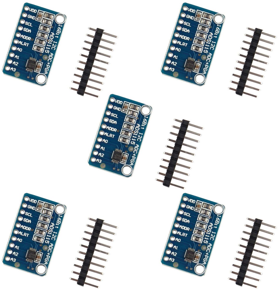 Pack van 5 ADS1115 Modulen - 16-Bit, 4 Kanalen, I2C Interface