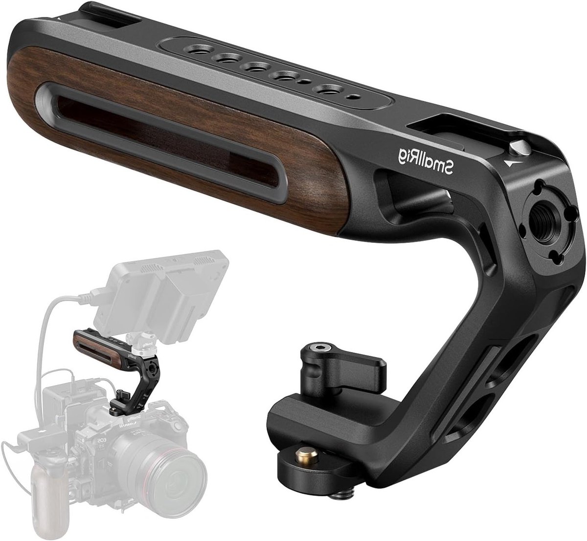 Houten Camera Handgreep met NATO Klem en Rail, Geschikt voor Camera Cage, 15kg Draagvermogen, 3/8"-16 en 1/4"-20 Bevestigingsgaten