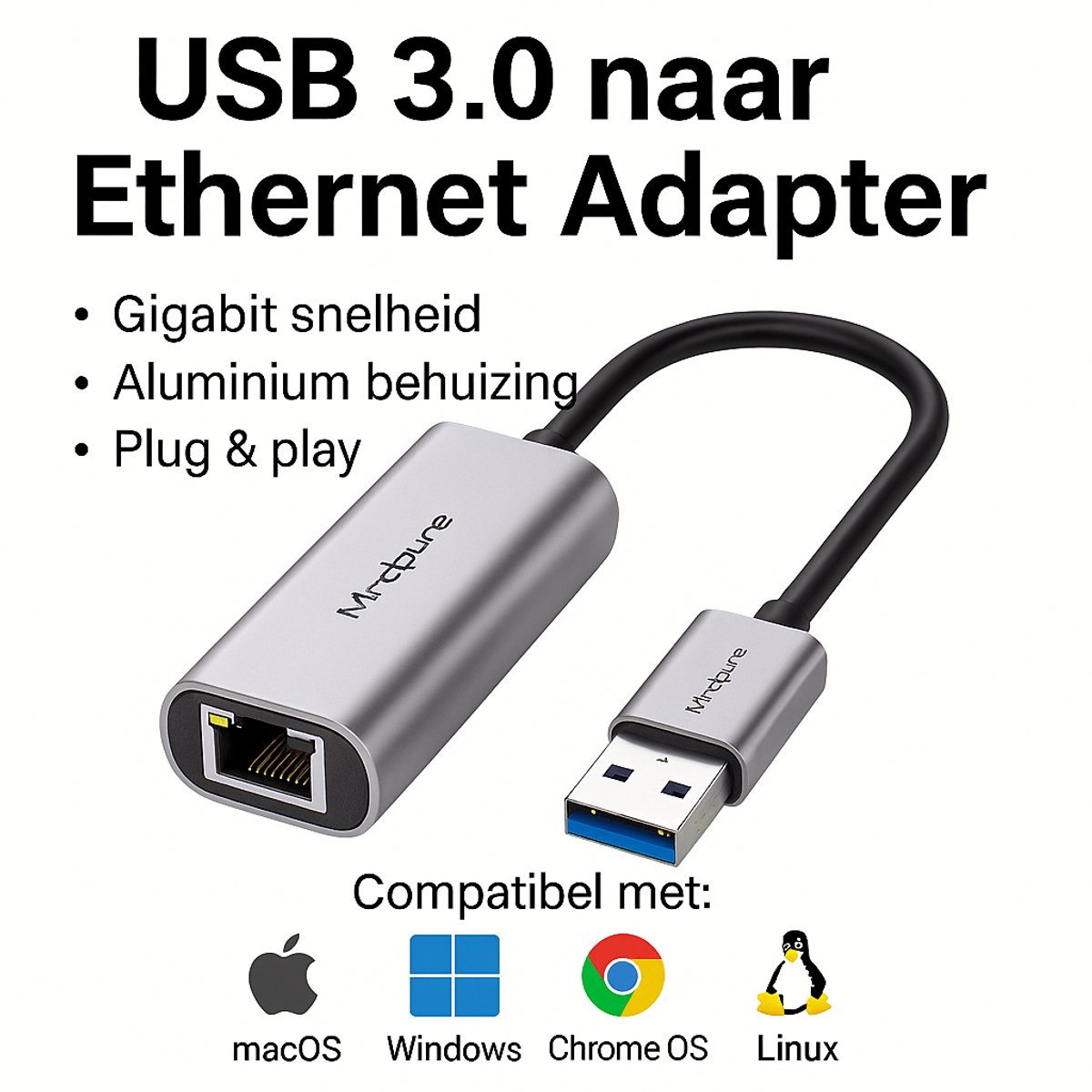 USB 3.0 naar Ethernet Adapter – Gigabit LAN – Aluminium – Plug & Play – Zilver