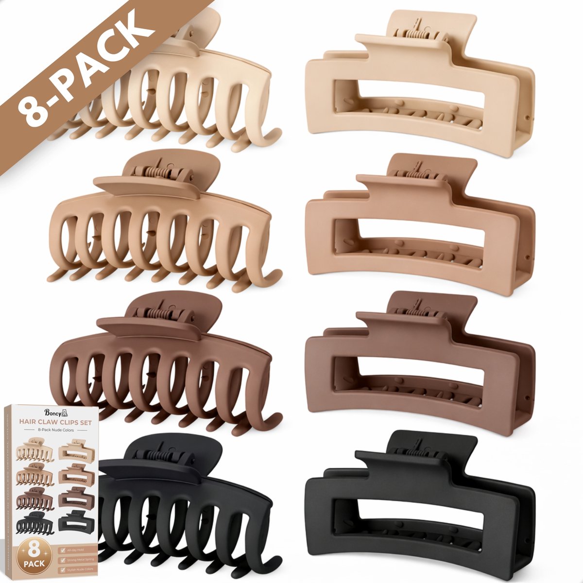 Boncy® Premium Haarklem Set - 8 Stuks Nude Kleuren - Haarklemmen Groot Dames - Haar Accessoires Vrouwen & Meisjes - Bananenklem - Haarklauw - Stevig & Anti-Slip