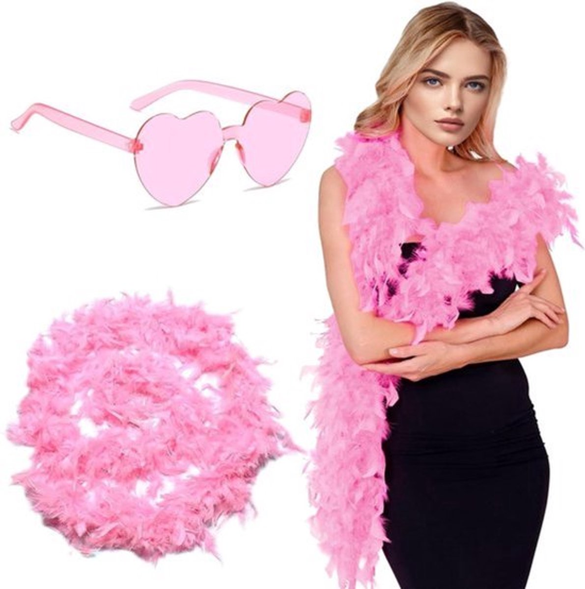 Kleurrijke verenboa 18 m met bril voor party hart - Roze