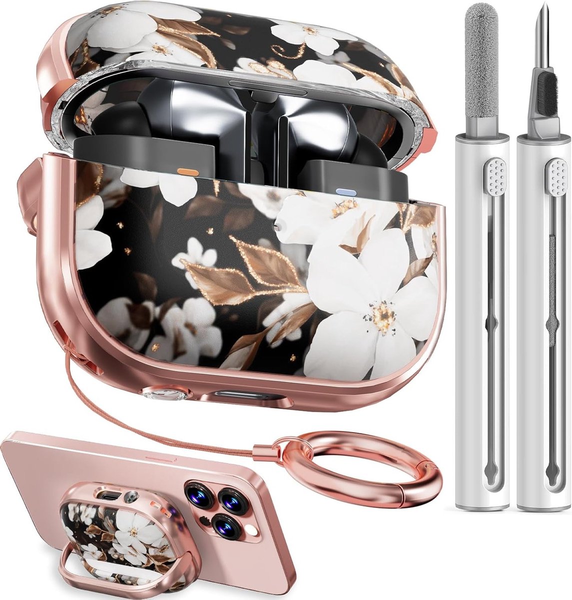 Schattige Bloemen Oplader Case voor Galaxy Buds Pro 3 met Sleutelring en Schoonmaakset, Inclusief Telefoonstandaard en Veiligheidslock