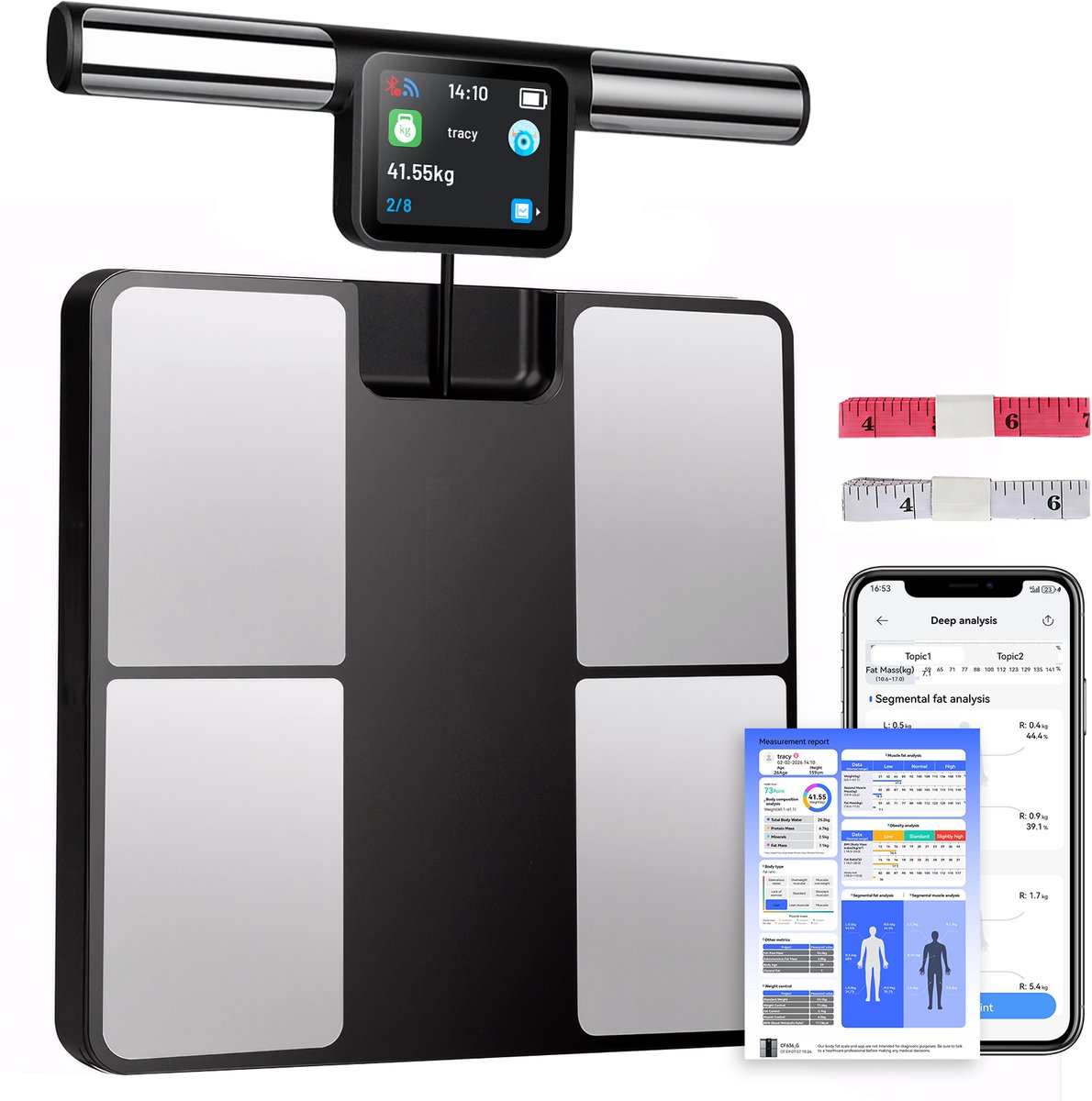 Ericbee - Pro - Lichaamsanalyseweegschaal - 30x33 cm - 8 elektroden, 58 metingen, Bluetooth LED-display - Zwart