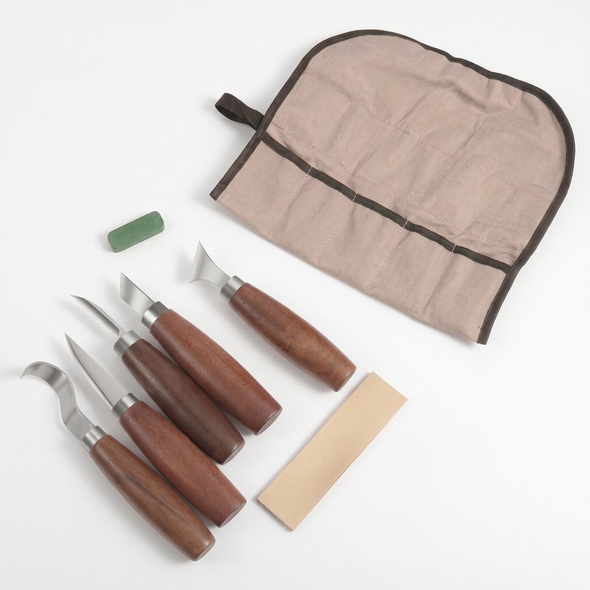 Sogiol® 8-delige houtsnijmessenset - Beitelgereedschapset - Met massief houten handvat - Draagbare opbergtas - Met slijpgereedschap - Perfect voor beginners, houtsnijders en houtbewerkers - Zilver, natuurlijke houtkleur