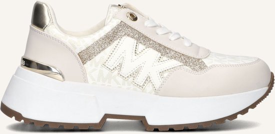 Beige lage Michael Kors sneaker met MK-monogramprint, gouden glitteraccenten en een witte zool.