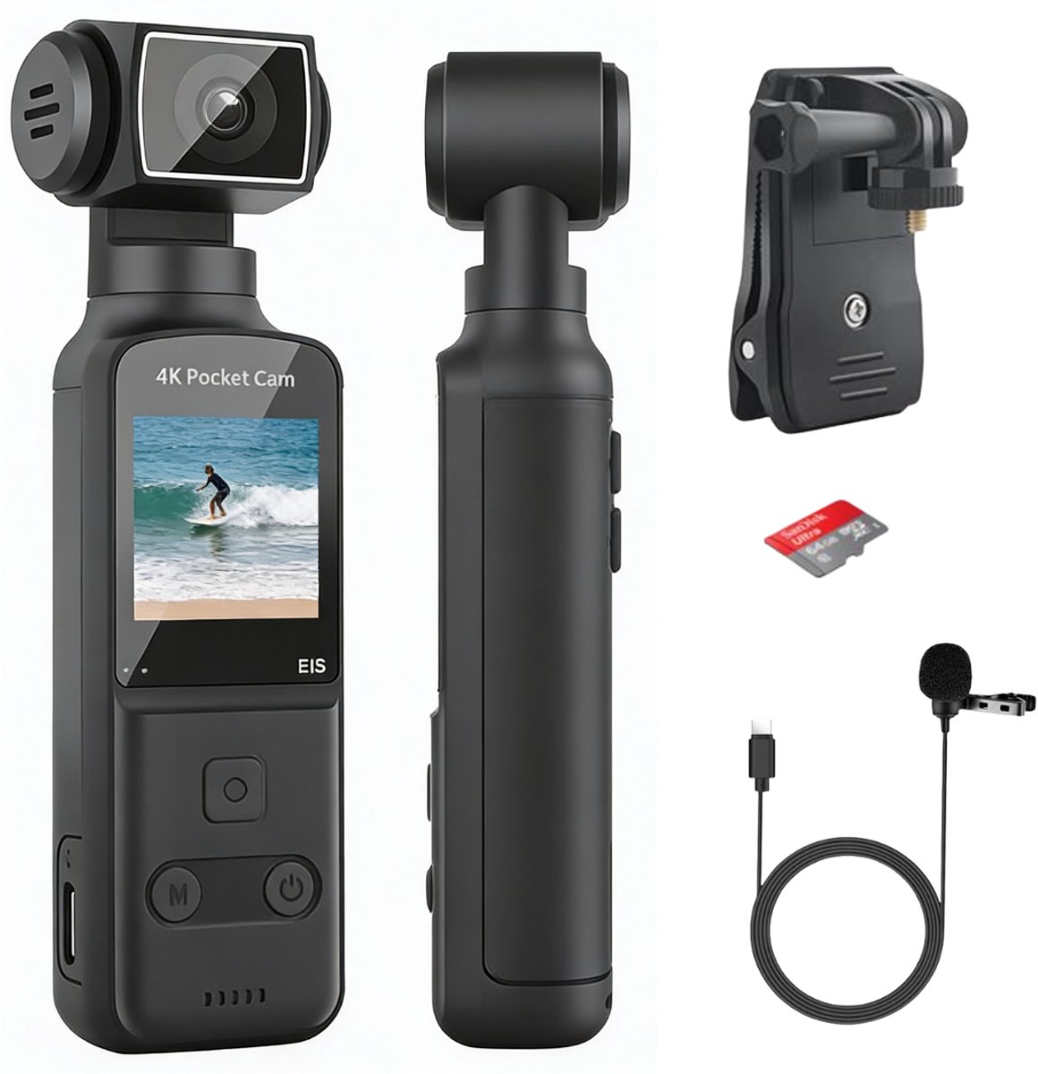 Pocket Camera 4K Compact - Action Camera 4K Met 270° Draaibare Lens Voor Flexibele Opnamehoeken – Vlogcamera Lichtgewicht en Gebruiksvriendelijk Voor Onderweg en Content Creatie | Incl. 64GB Micro SD Kaart
