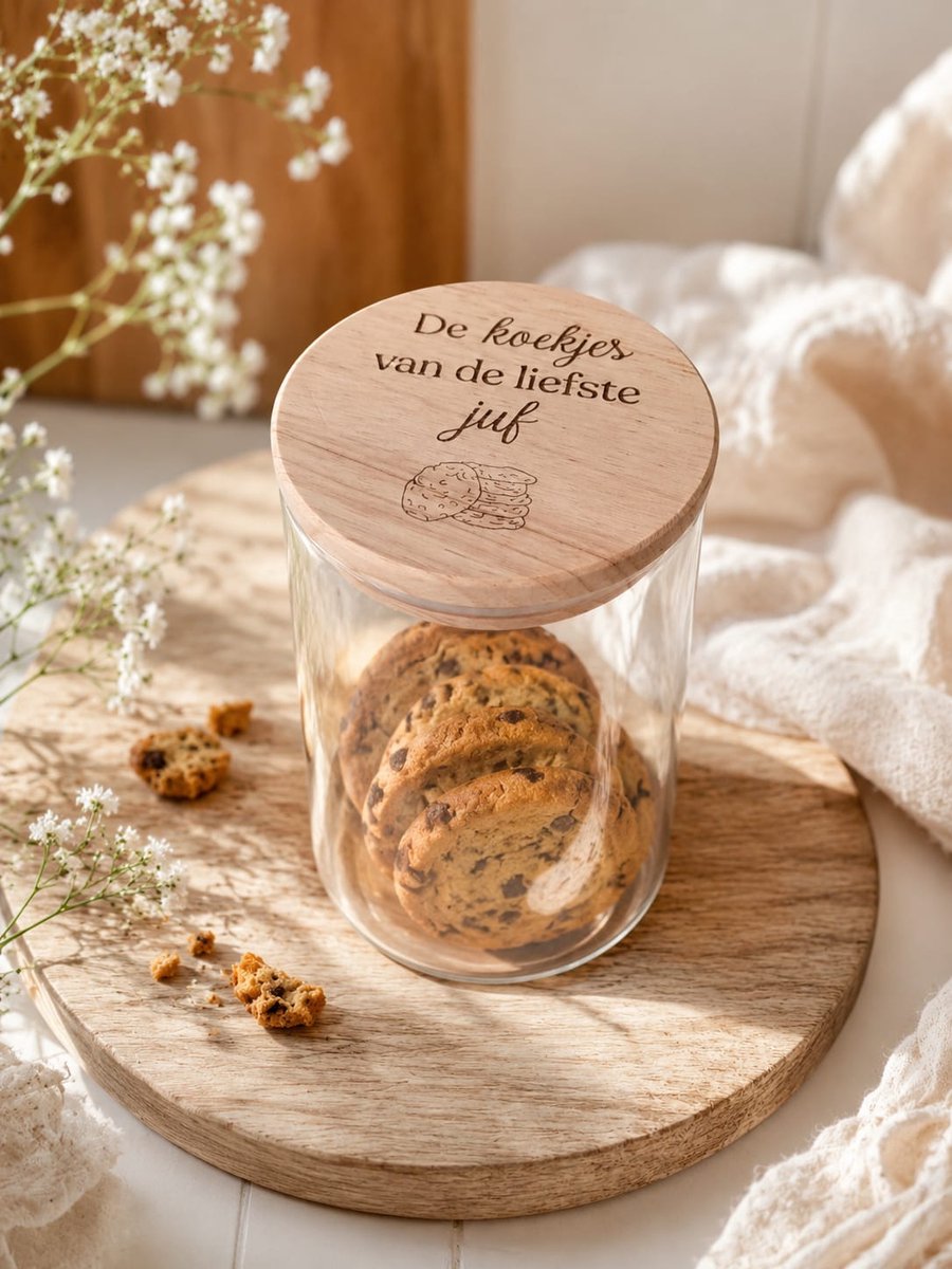 Juffen bedankje - Glazen pot met houten deksel - gravure