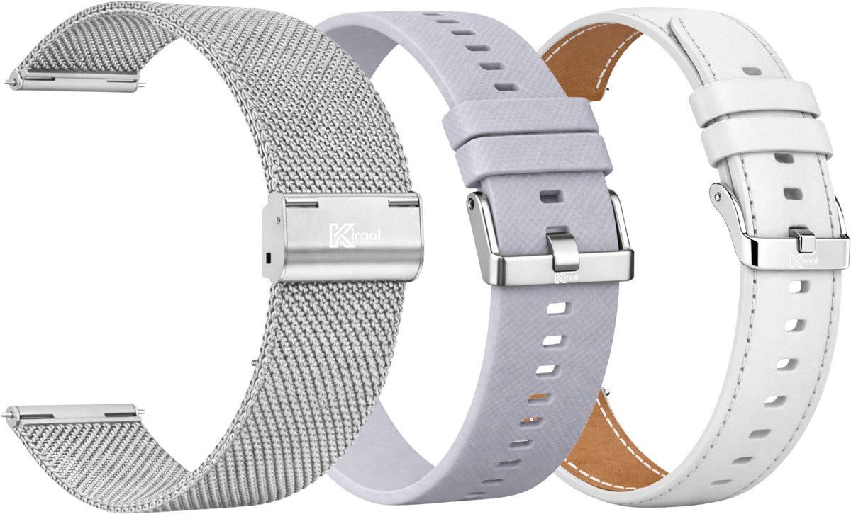 Kiraal - Luxe smartwatch bandjes combo set - 3-delig - 20mm - Leder, Milanees RVS & Siliconen - Wit/Zilver