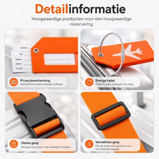 Close-up van oranje bagagelabel met vakken voor adres, tel, naam en e-mail, oranje kofferband en gespen.