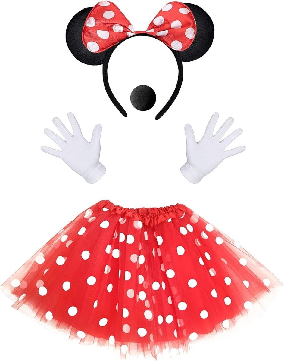 Minnie Mouse Kostuum Set met Rood Tutu Rok, Oren Hoofdband, Witte Handschoenen en Zwarte Neus voor Halloween en Carnaval, Ideaal voor Meisjes en Vrouwen