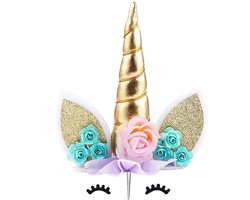 Go Go Gadget - Cake topper - Taart decoratie - Eenhoorn - Unicorn - Bloemen - Goud/ Blauw