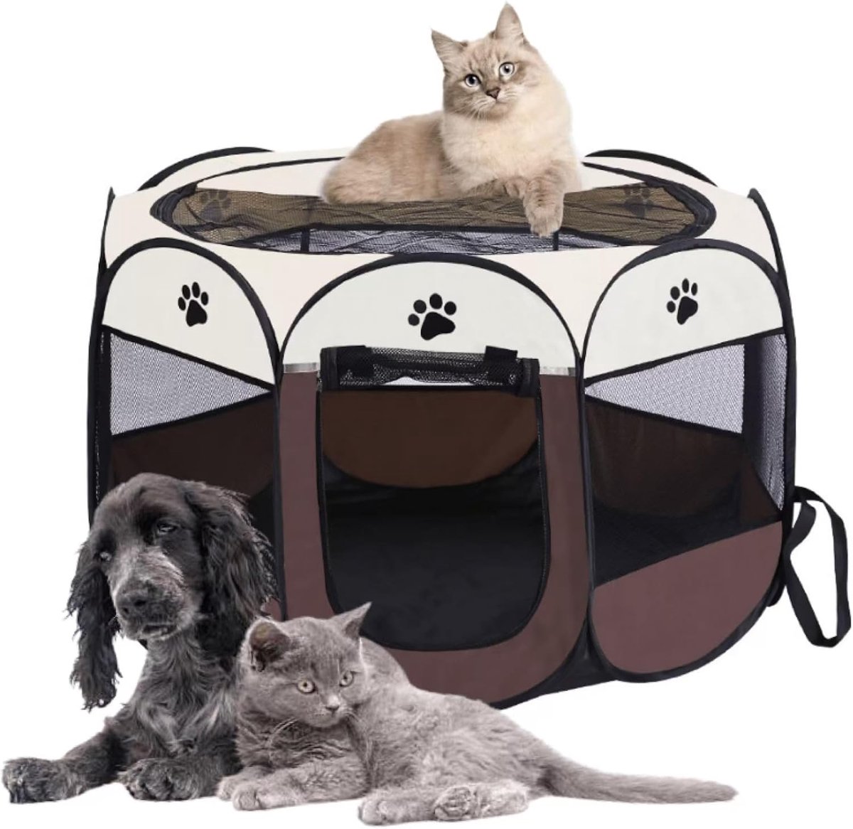 Huisdierverblijf - Met mat - Huisdierbenodigdheden - Uitgerust met gaasramen en deur met ritssluiting - Achthoekig - Opvouwbaar - Draagbaar - Automatisch opklapbaar katten - Puppyren voor binnen/buiten - Kattenmand - 73×73×43 cm - Koffiebruin