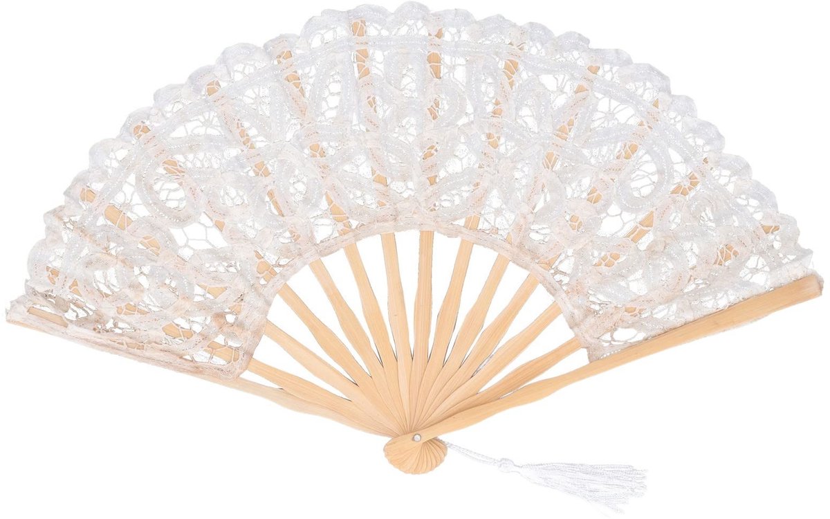 Vlemico - Katoenen Handventilator - Bruidshandventilator - Perfect voor Bruiloften - Beige - Opvouwbaar en Geborduurd - Ideaal voor Feesten en Deco...
