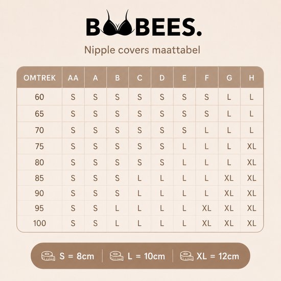 Maattabel voor Boobees nippelcovers, met omtrek en cupmaten.