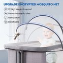 Een close-up van een babynestje met een witte klamboe. Een grote mug is aan de linkerkant afgebeeld. Een baby kijkt vrolijk aan de rechterkant. Tekst: UPGRADE ENCRYPTED MOSQUITO NET.