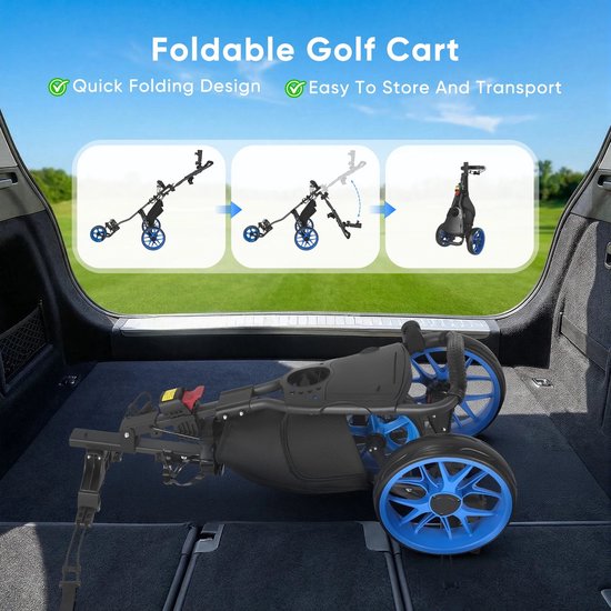 Miryx Golftrolley - Golfwagen - Golfcaddy - 3-wielige - In Hoogte Verstelbare - Opbergtas - Voetrem - Parapluhouder - Zwart/Blauw van Merkloos — afbeelding 3