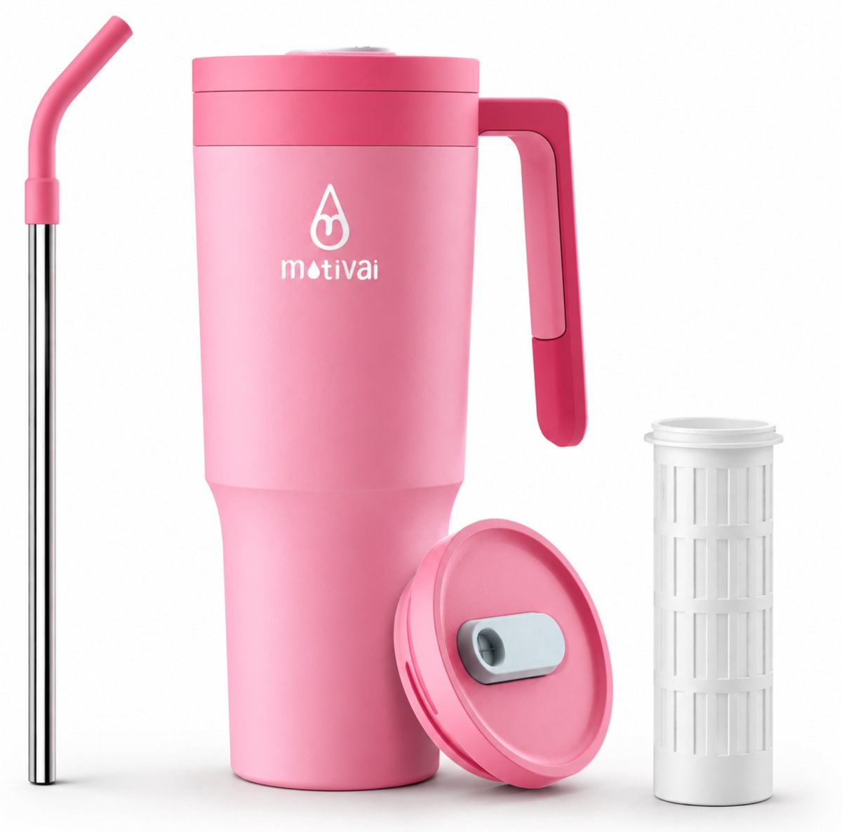 Motivai Travel Cup RVS Thermosbeker met Handvat & Rietje – 1.2L (40oz) – Lekvrij & Dubbelwandig – Drinkbeker To Go – Thermosfles Waterfles – Roze