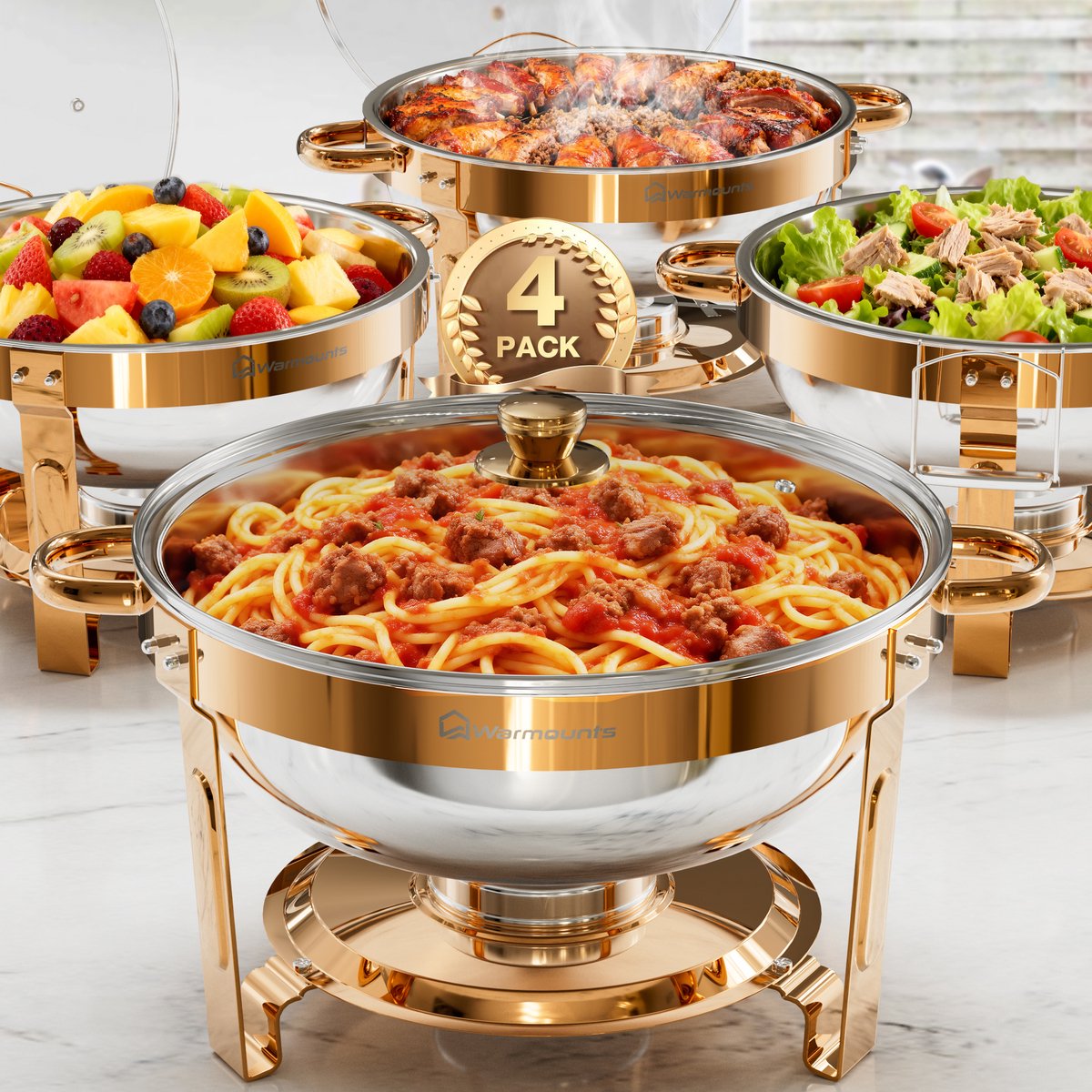 Warmounts Chafing Dish Set 4 stuks – 5QT Roestvrijstalen Buffetwarmer Rond Roségoud met Glazen Deksel & Dekselhouder – Stapelbare Party- en Cateringoplossing