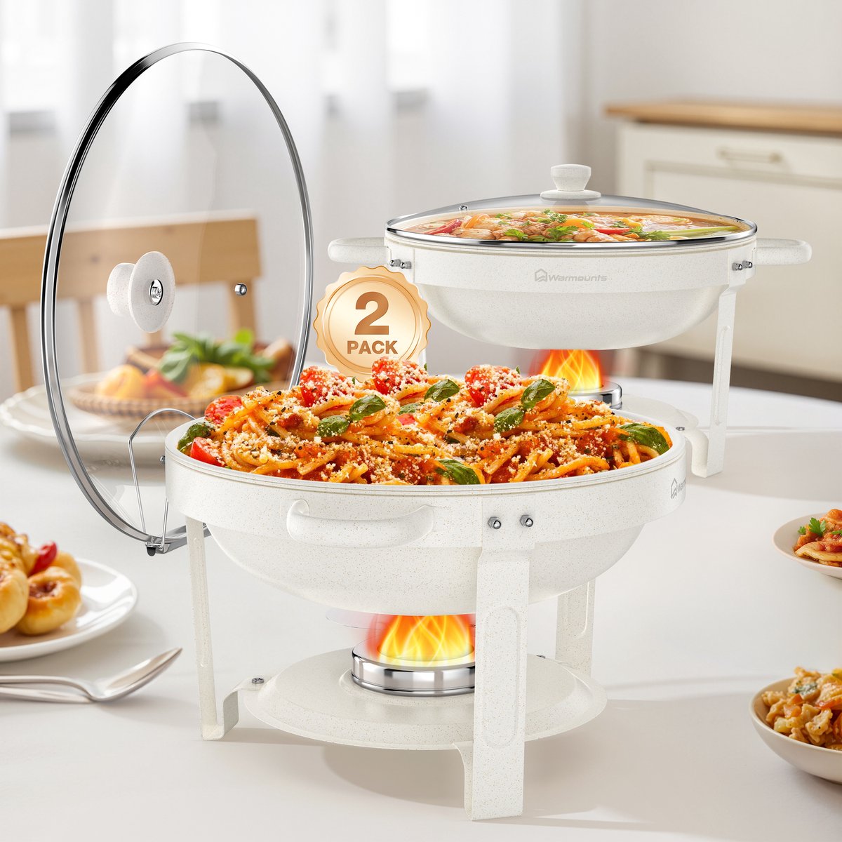 WARMOUNTS 2-delige Ronde Chafing Dish Set 4,7L – Wit, RVS Speisewärmer met Glasdeksel, Stapelbaar, Inclusief Dekselhouder – Voor Buffet, Bruiloft & Feest