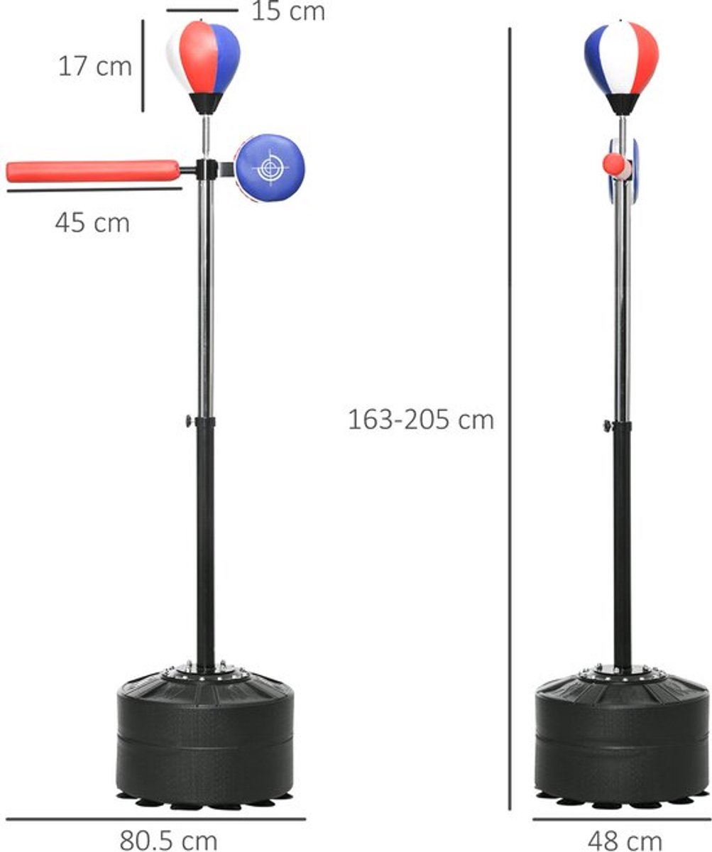 Bokszuil – Bokszak – Reflexball – Speedball – Bokstrainer – Verstelbare Hoogte 163-205 cm – Vulbare Stabiele Basis – Robuuste Metalen Constructie – Zwart
