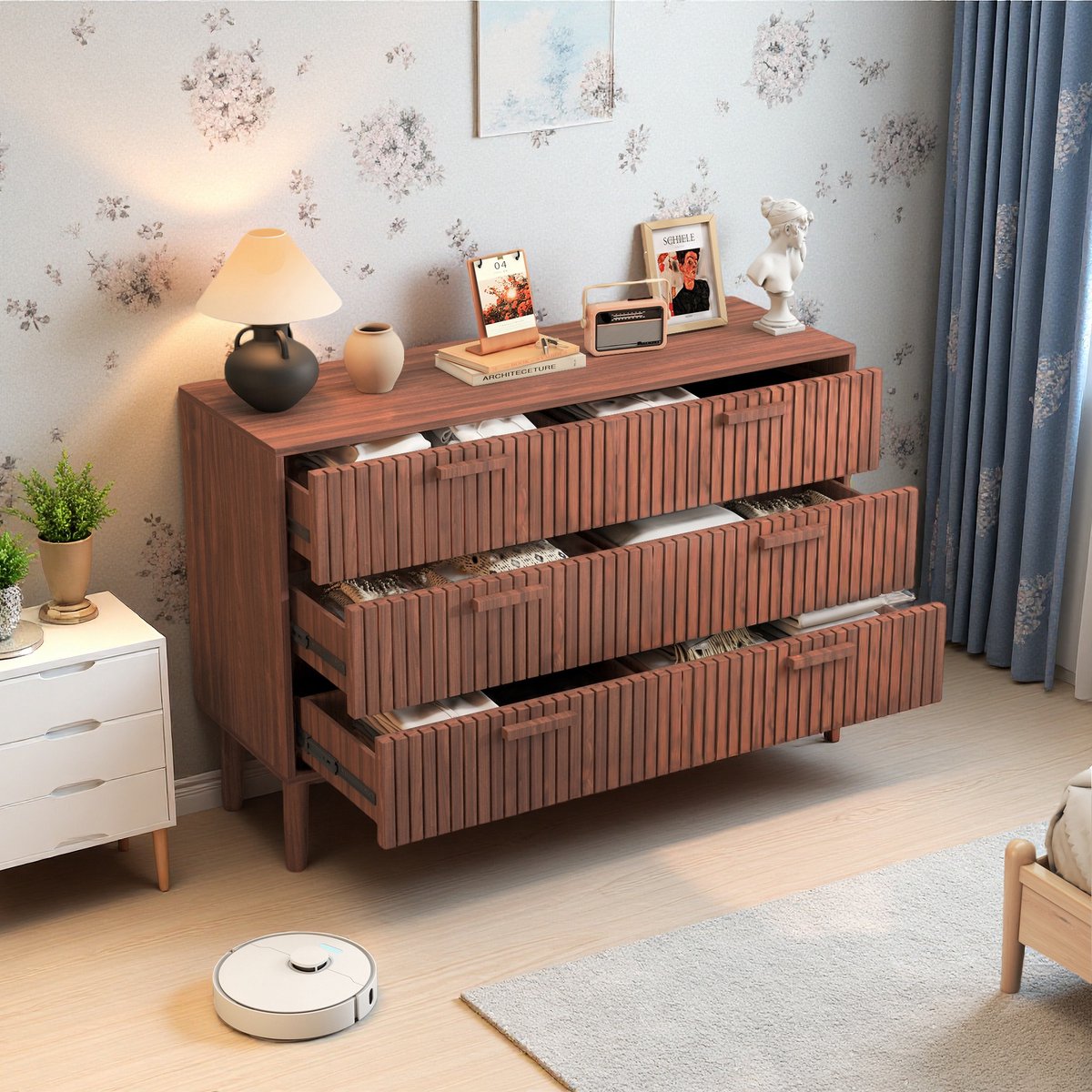 Walnootkleurige Ladekast met 6 Lades - Modern Ventilatie Design, 100x34x73cm, Voor Slaapkamer & Woonkamer