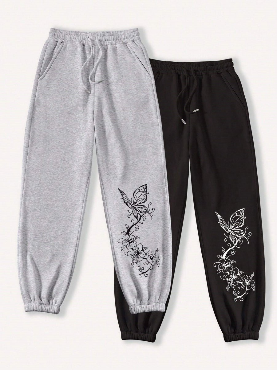 Trendy Comfortabele Joggingbroek met Vlinder- en Bloemenprint voor Dames - Stijlvol en Casual - Grijs en zwart - L-XL